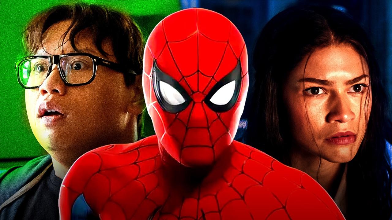 Jacob Batalon as Ned Leeds, Tom Holland as Spider-Man, Zendaya as MJ.