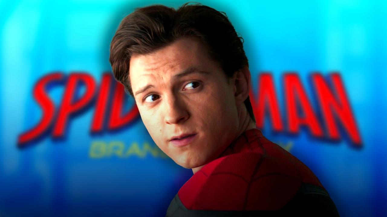 Tom Holland as Peter Parker/Spider-Man; Spider-Man: Brand New Day logo faded in background