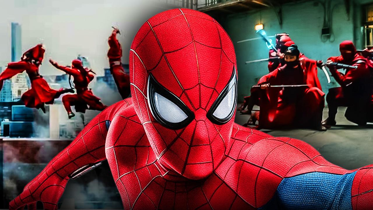 Tom Holland's Spider-Man with the Hand ninjas in background.