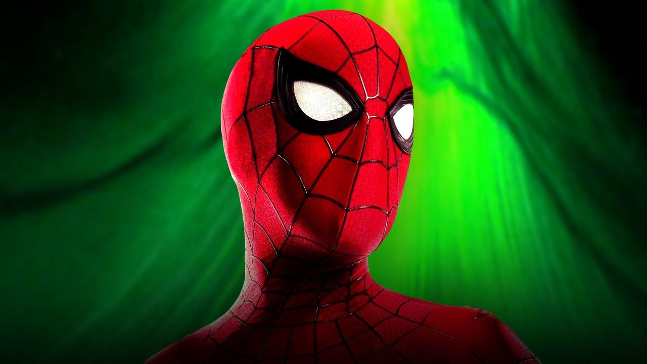 Tom Holland Spider-Man, green background.