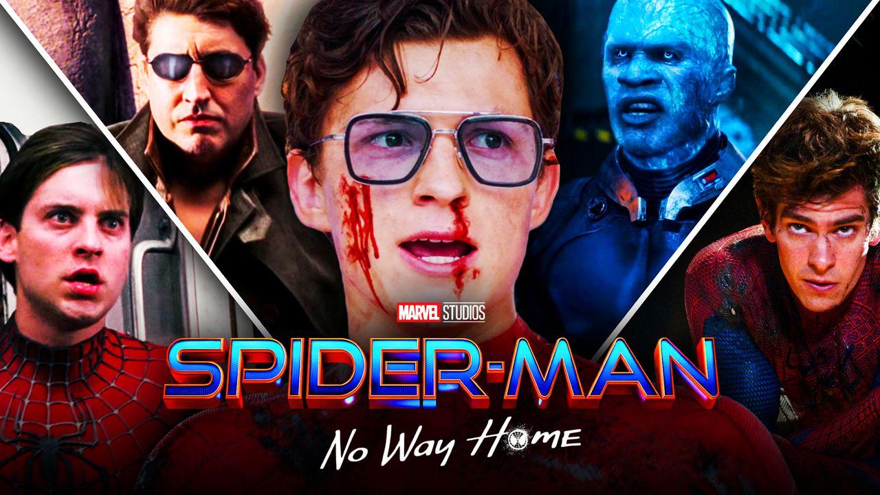 Spider-Man No Way Home Villains, Tom Holland, Alfred Molina, Jamie Foxx, Andrew Garfield, Tobey Maguire