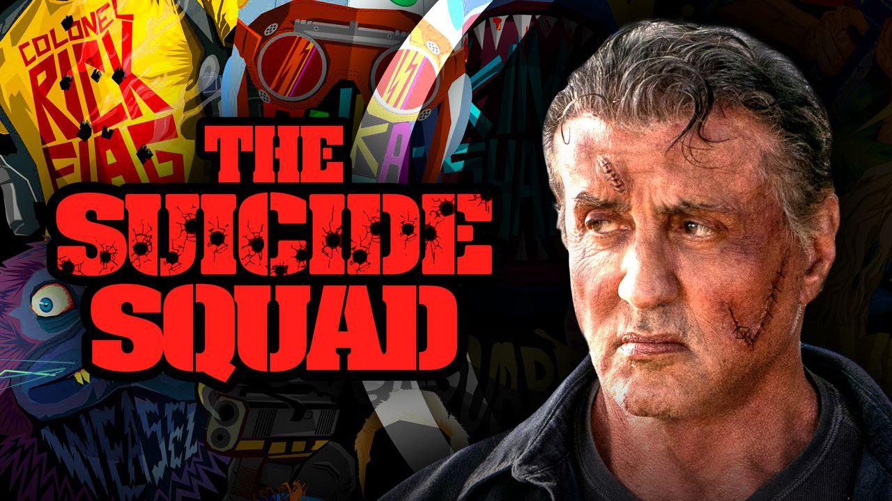 The Suicide Squad logo on left and Sylvester Stallone on right