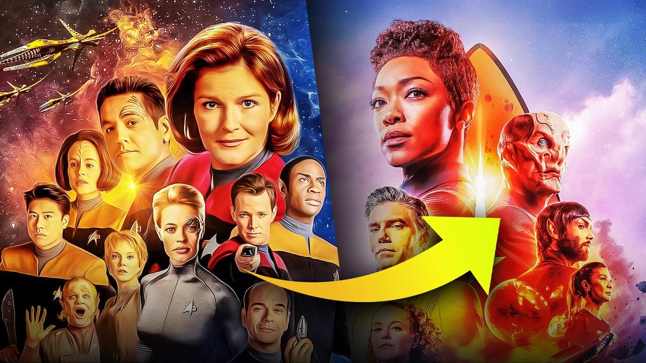 Star Trek Voyager and Discovery wallpapers and characters with a yellow arrow in-between them