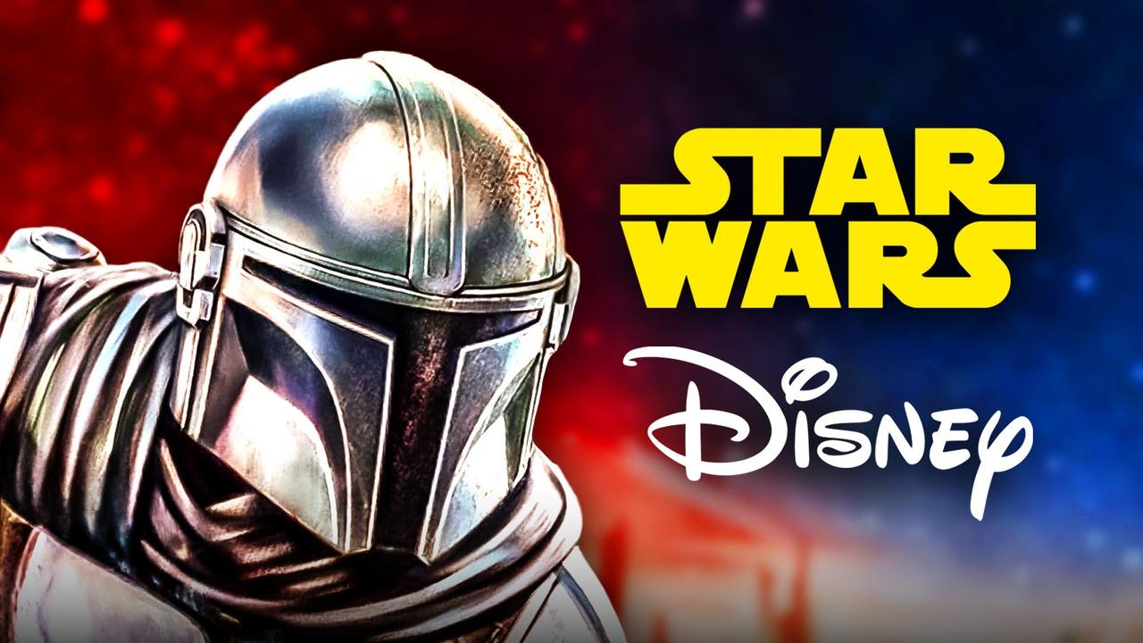 The Mandalorian next to Star Wars and Disney logos.