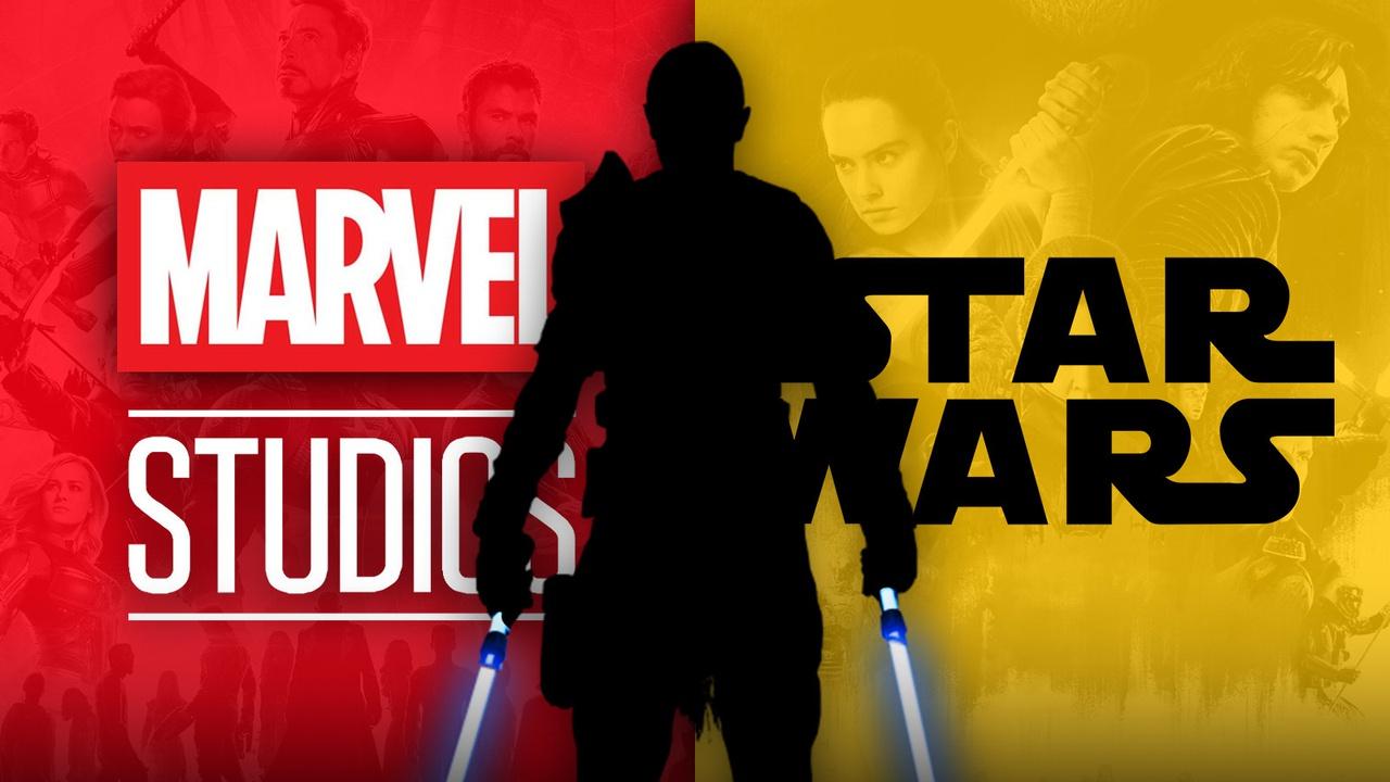 Marvel Studios and Star Wars logos with Jedi silhouette in the middle