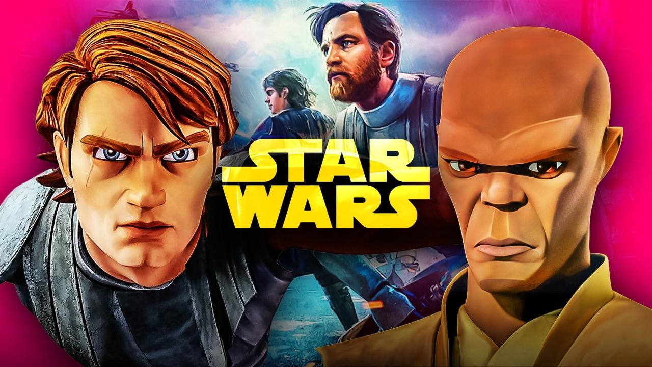 Mace Windu and Anakin Skywalker next to the Star Wars logo.