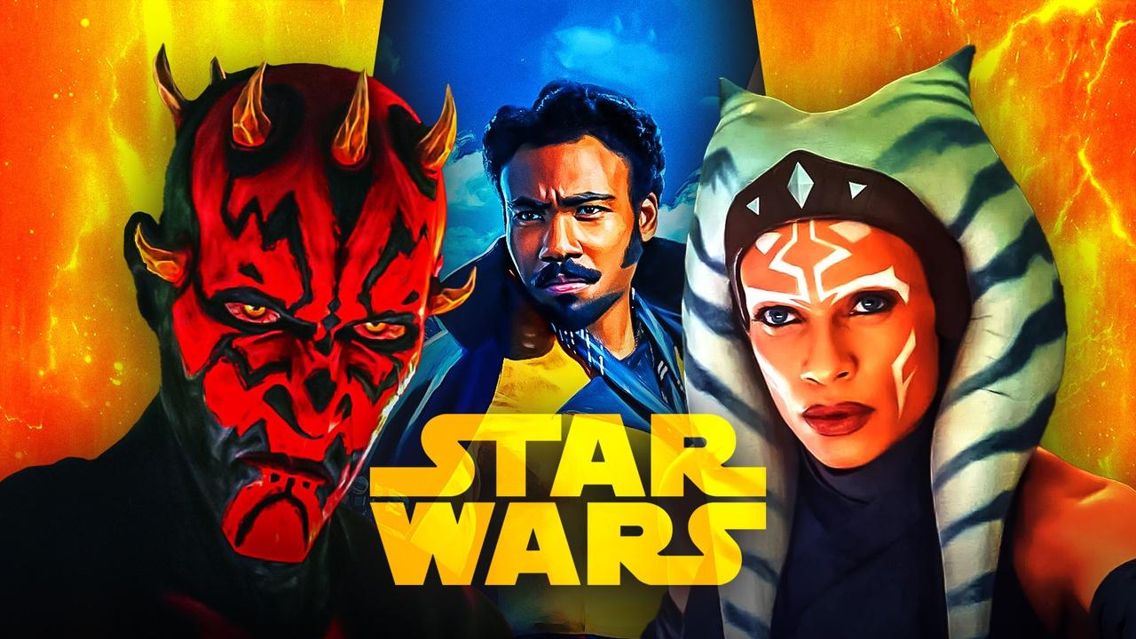 Star Wars characters Darth Maul, Lando Calrissian and Ahsoka Tano alongside Star Wars logo.