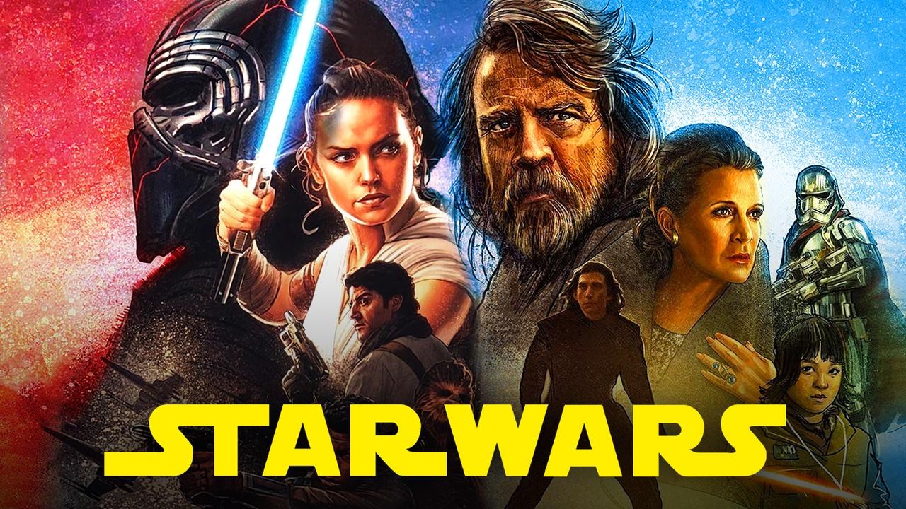 Kylo Ren, Rey, Luke Skywalker, Leia, Poe, Phasma, Rose Tico Star Wars logo
