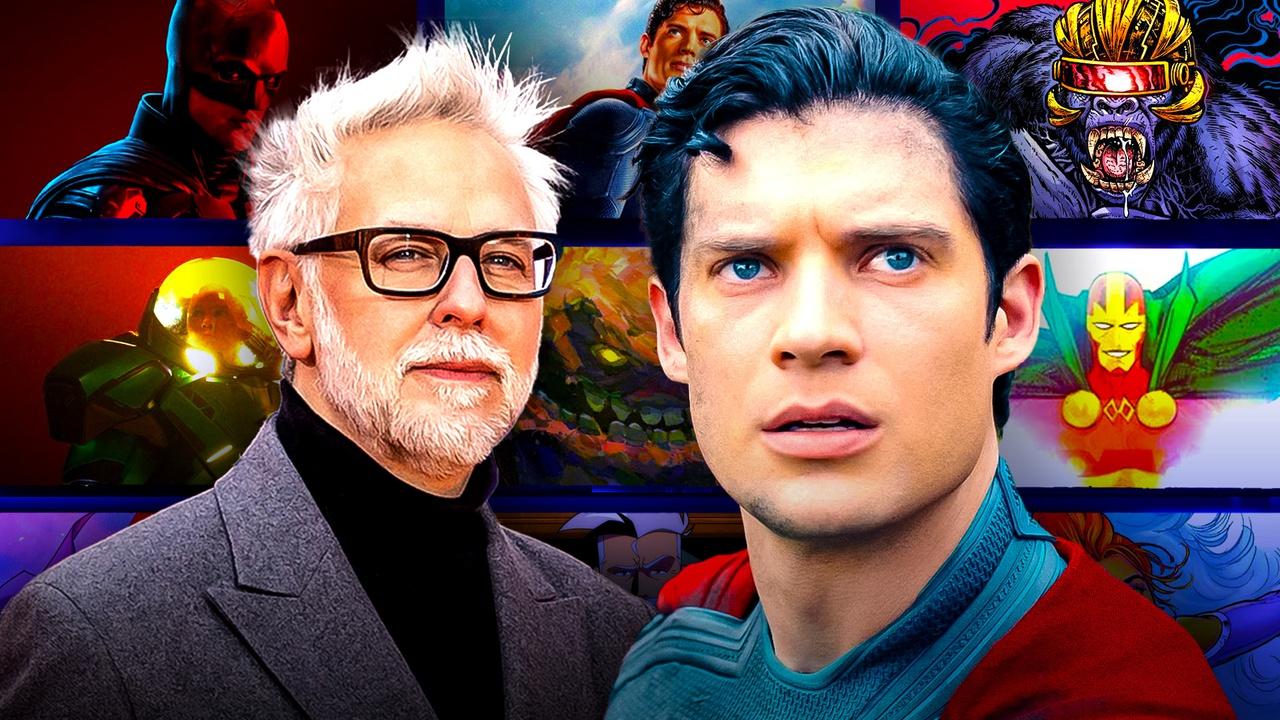 James Gunn and David Corenswet alongside thumbnails multiple DCU projects.