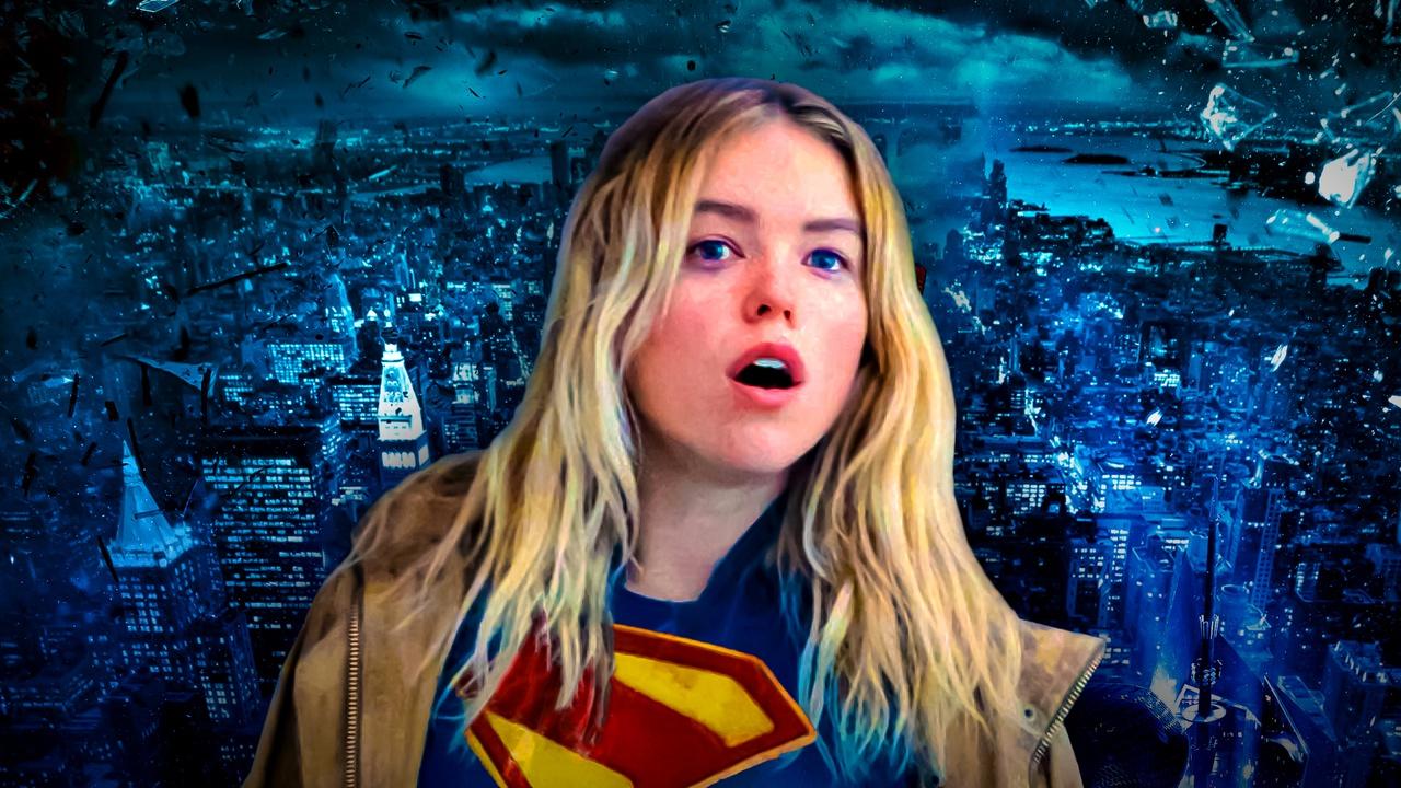 Supergirl, played by Milly Alcock, city background.