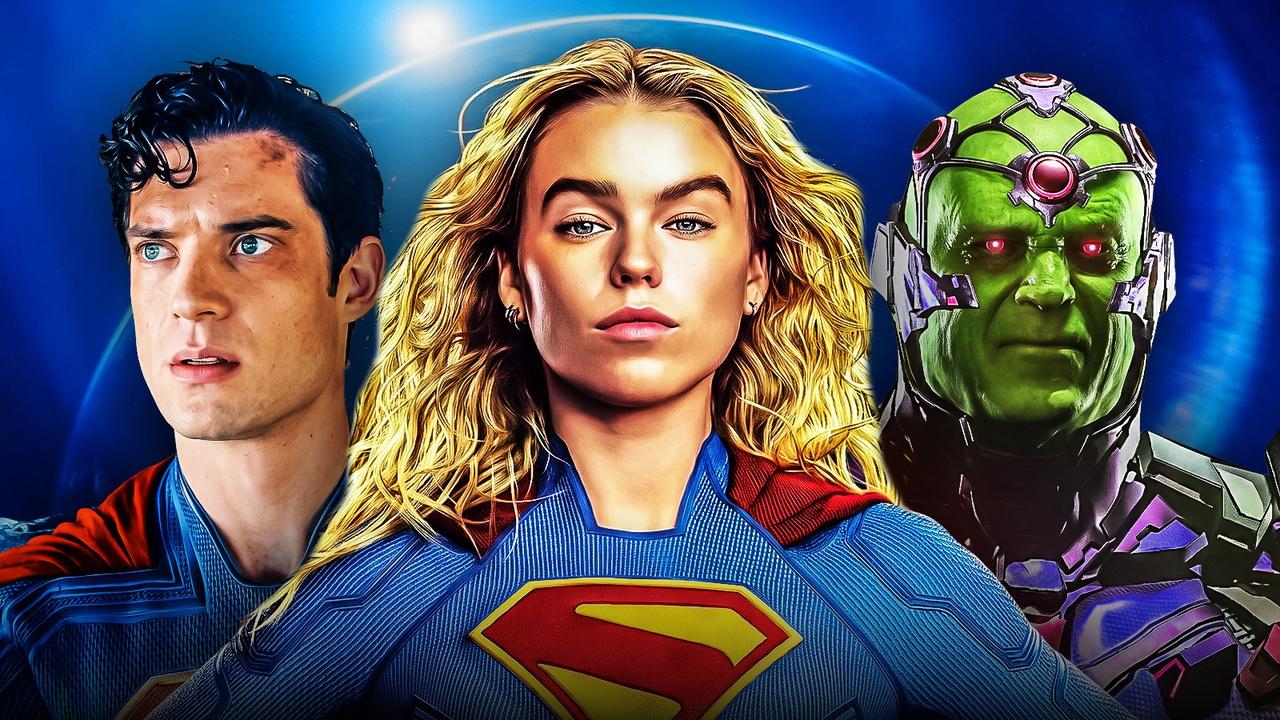 Supergirl in front of Superman and Brainiac.