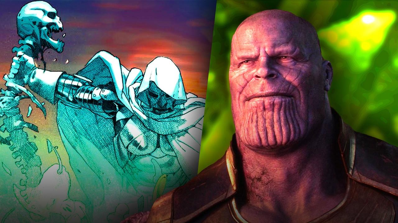 Doom holding Thanos' skeleton in Marvel Comics, Thanos live-action.