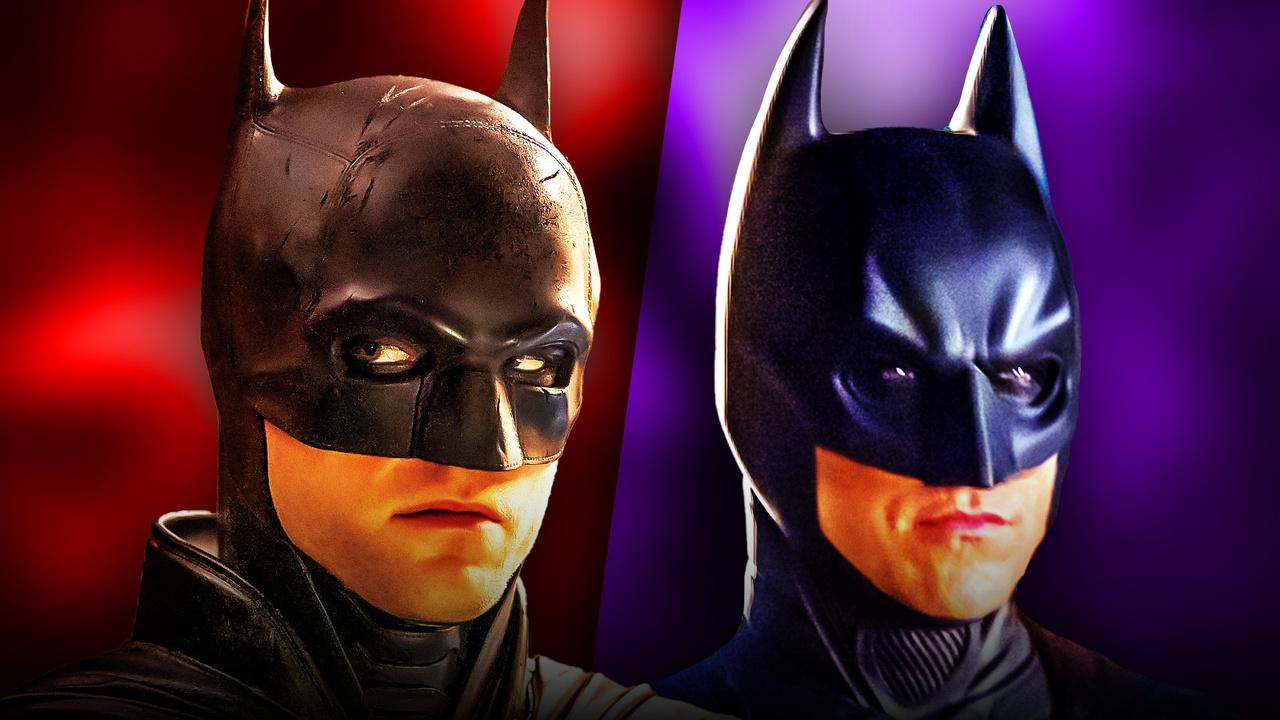 Robert Pattinson as Batman next to Christian Bale as Batman