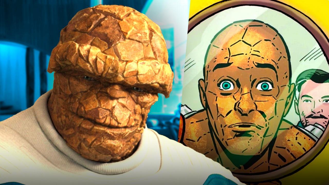 Ebon Moss-Bachrach's Ben Grimm next to his cured comic book depiction in Fantastic Four: First Foes.