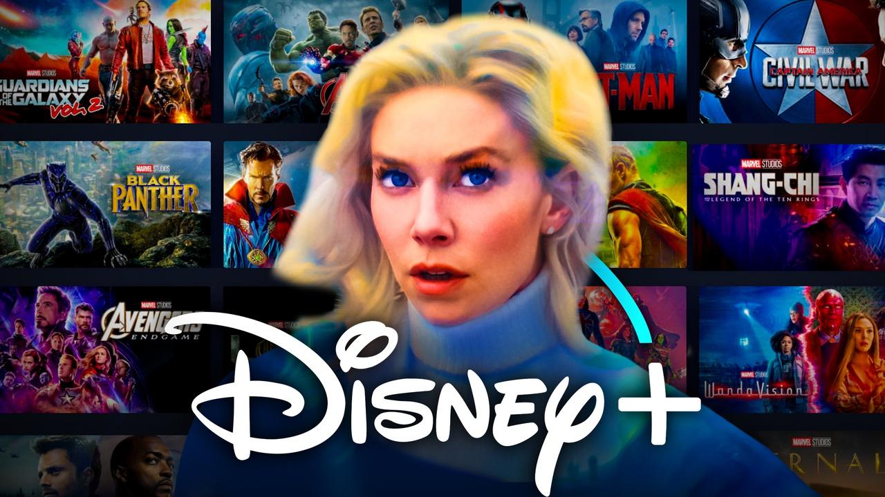 Sue Storm, Fantastic Four Disney Plus logo, MCU movies and shows in background