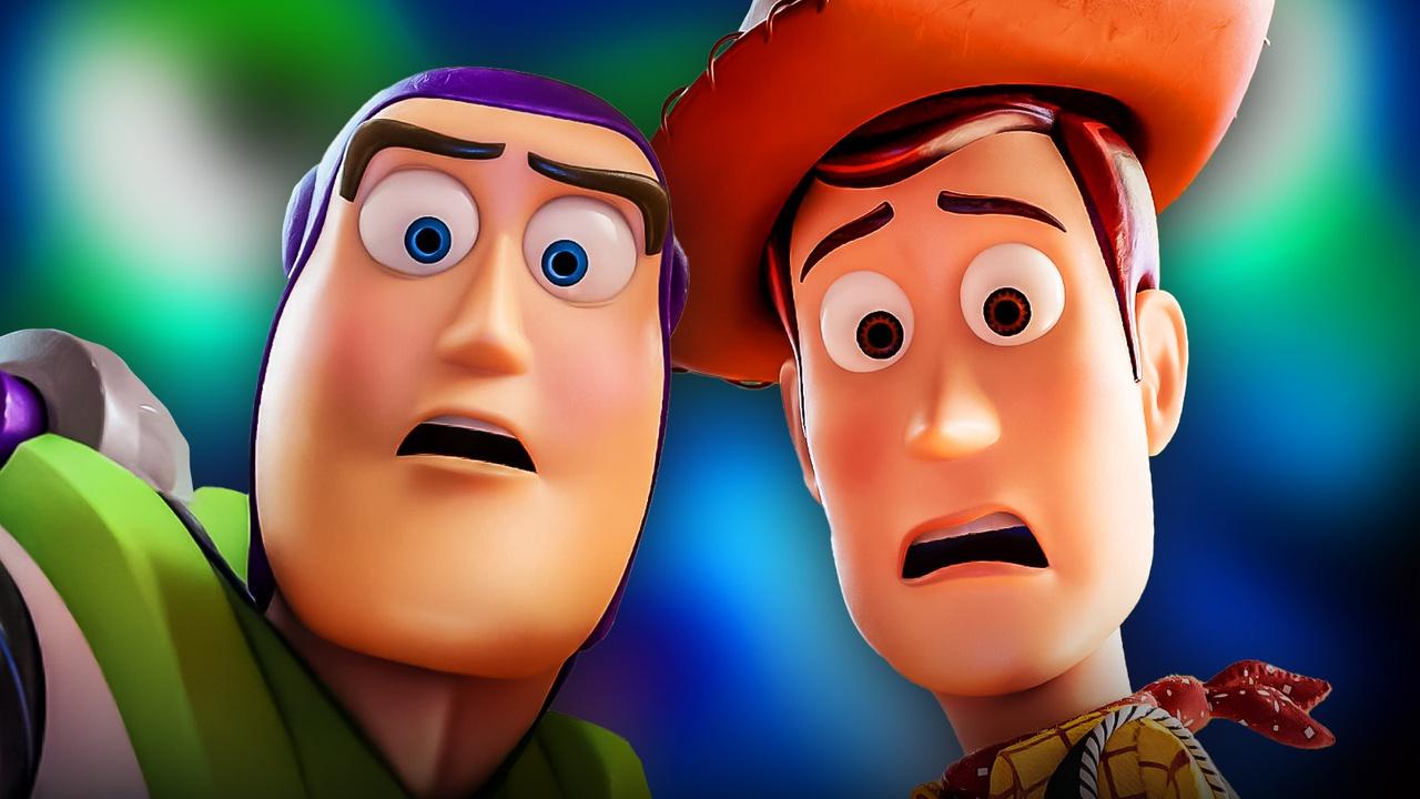 Buzz and Woody from Toy Story looking shocked.