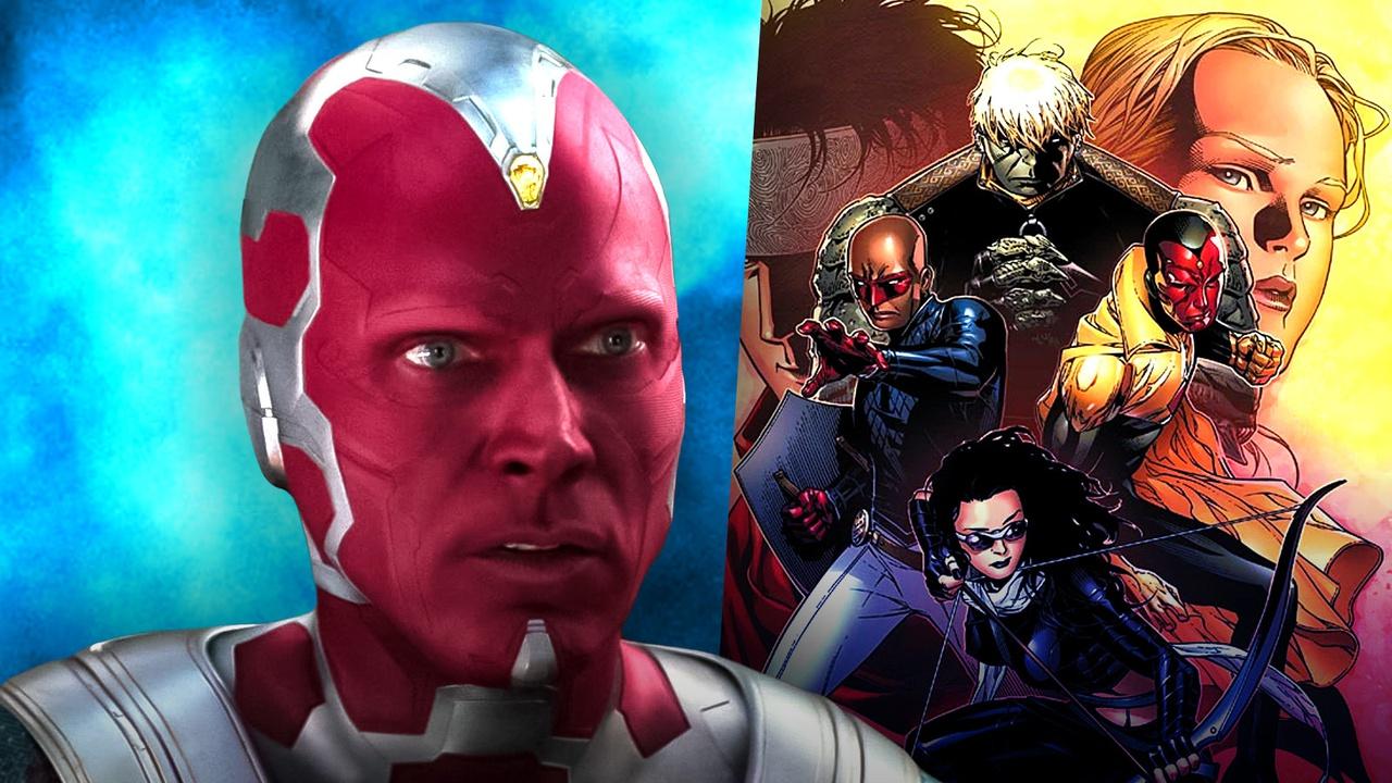 Paul Bettany's Vision next to the Young Avengers from the comics.