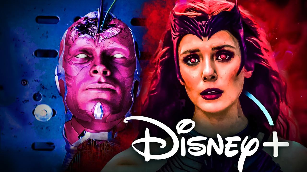 Wanda and Vision's head from WandaVision, Disney Plus logo