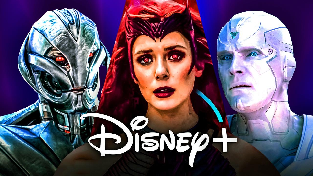 WandaVision characters Vision, Scarlet Witch, Ultron, Disney Plus logo