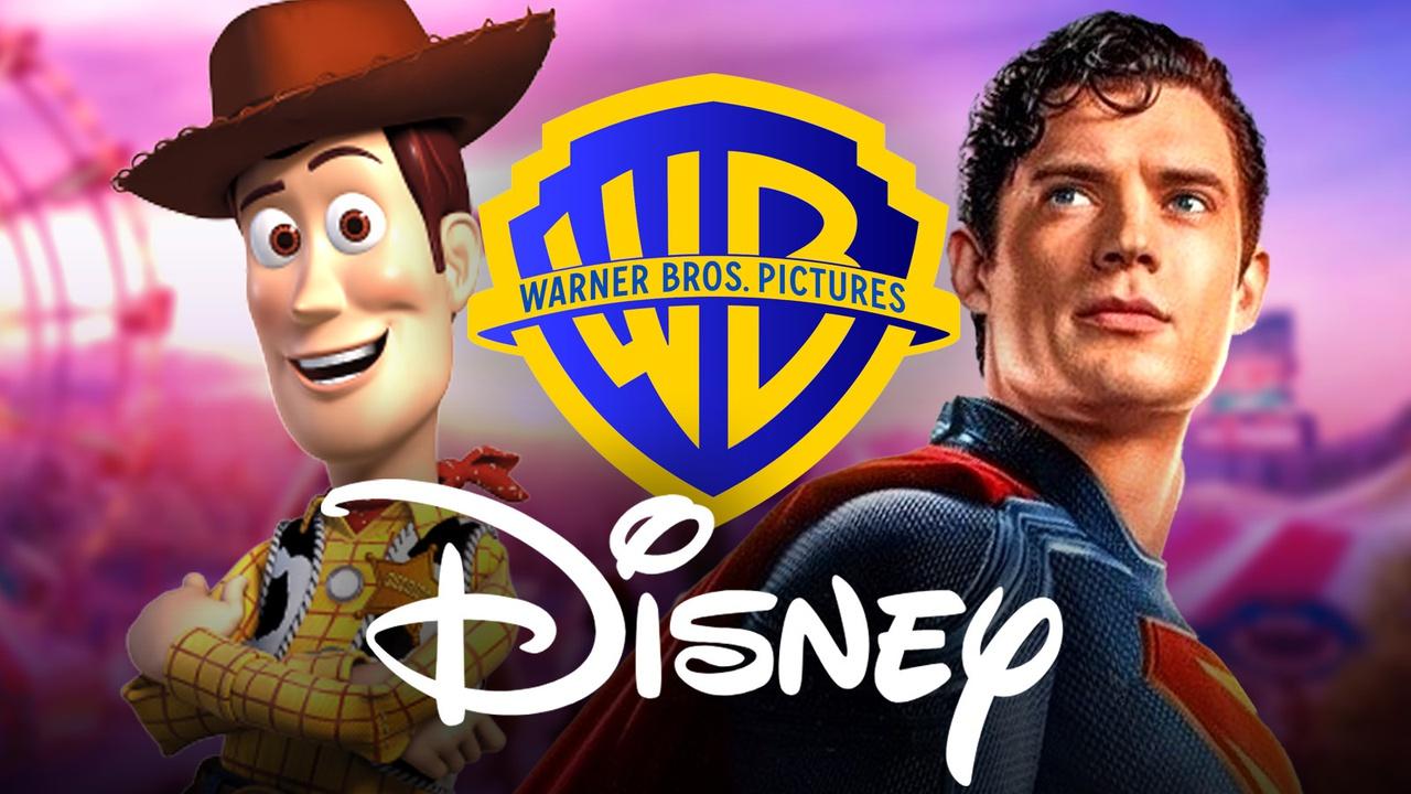 Woody from Toy Story alongside David Corenswet’s Superman; Warner Bros and Disney logos