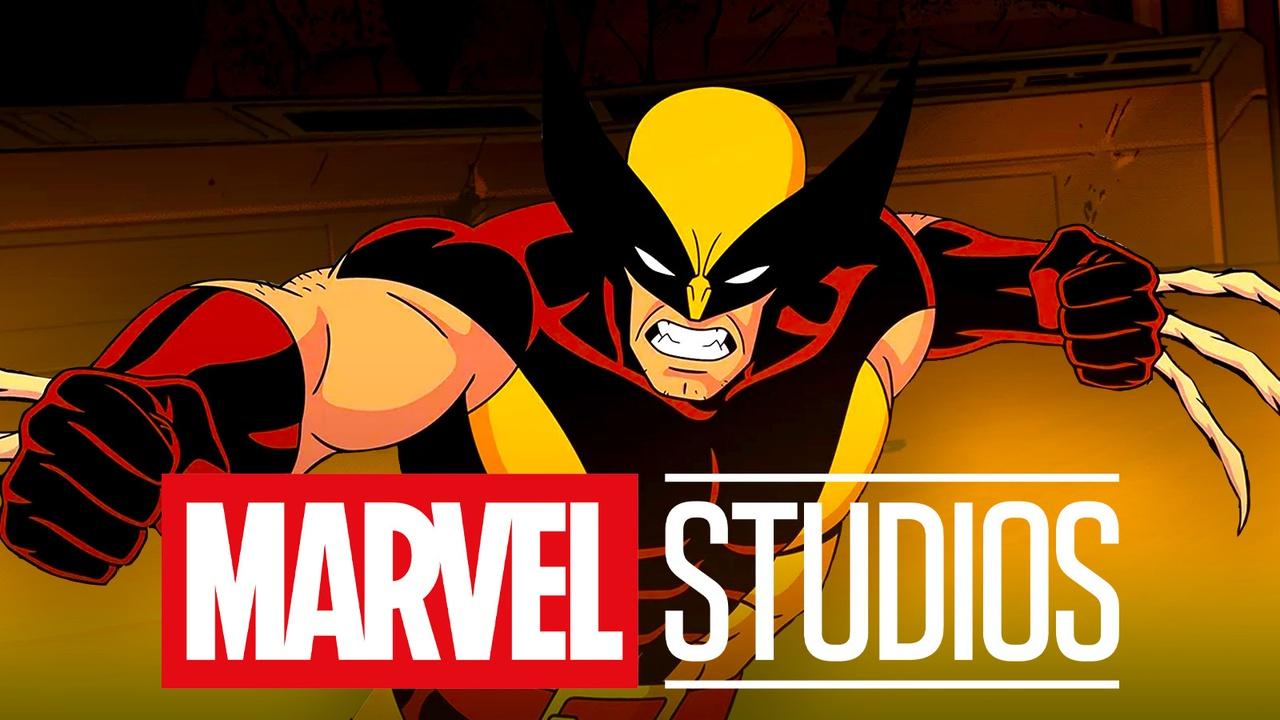 Wolverine using his bone claws behind the Marvel Studios logo.