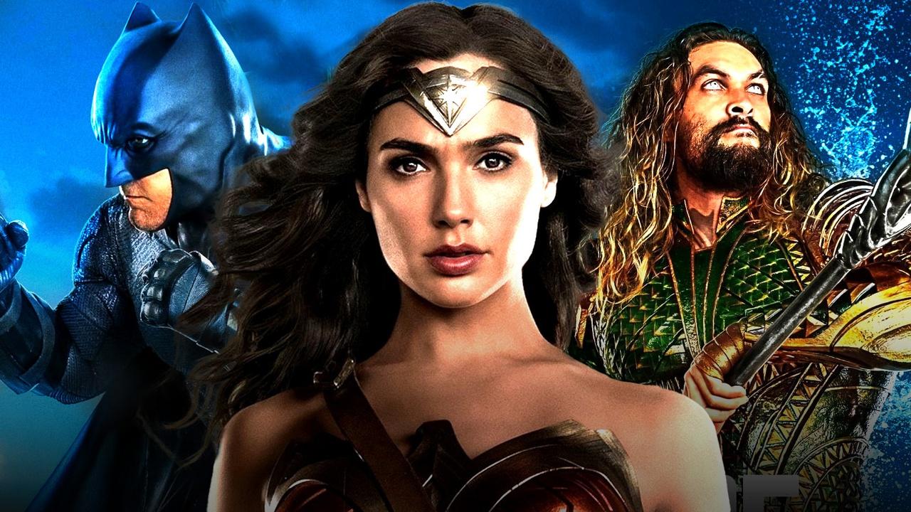 Ben Affleck as Batman, Gal Gadot as Wonder Woman, and Jason Momoa as Aquaman.