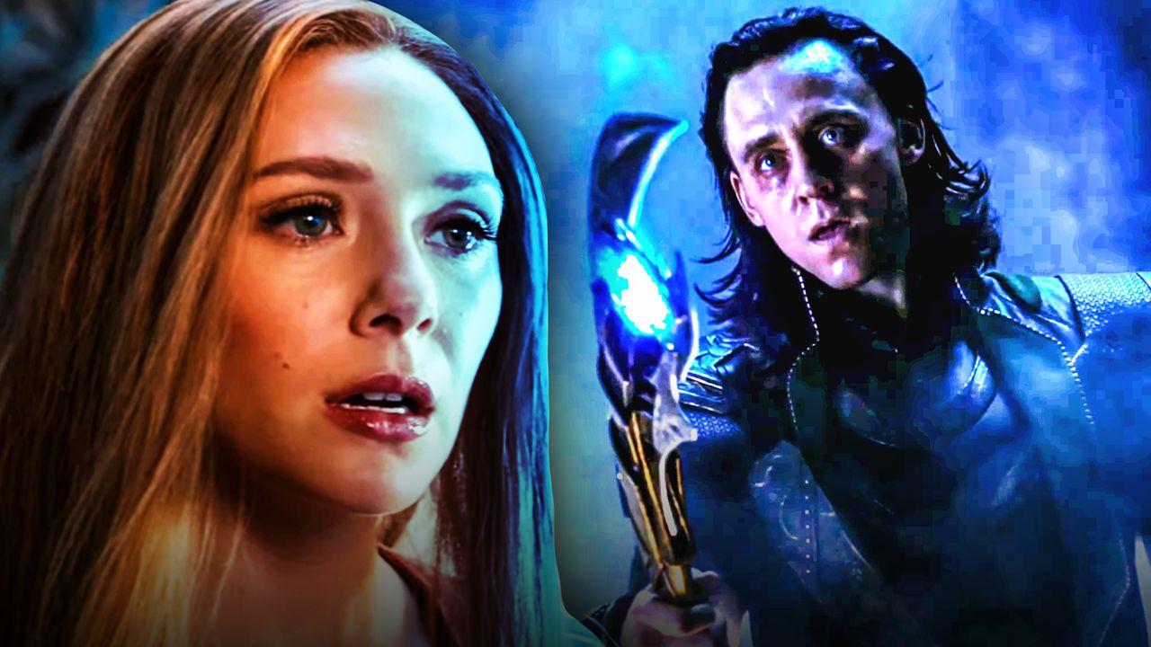 Wanda on left and Loki on right with his scepter