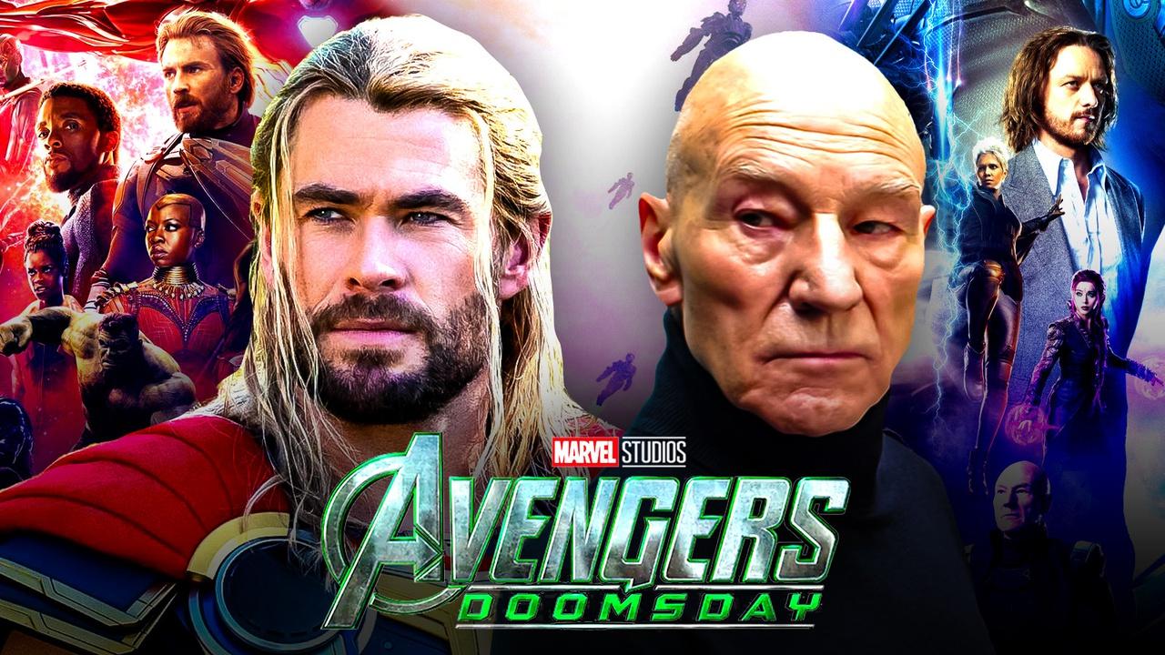 Chris Hemsworth as Thor, Patrick Stewart as Professor X; Avengers: Doomsday logo.