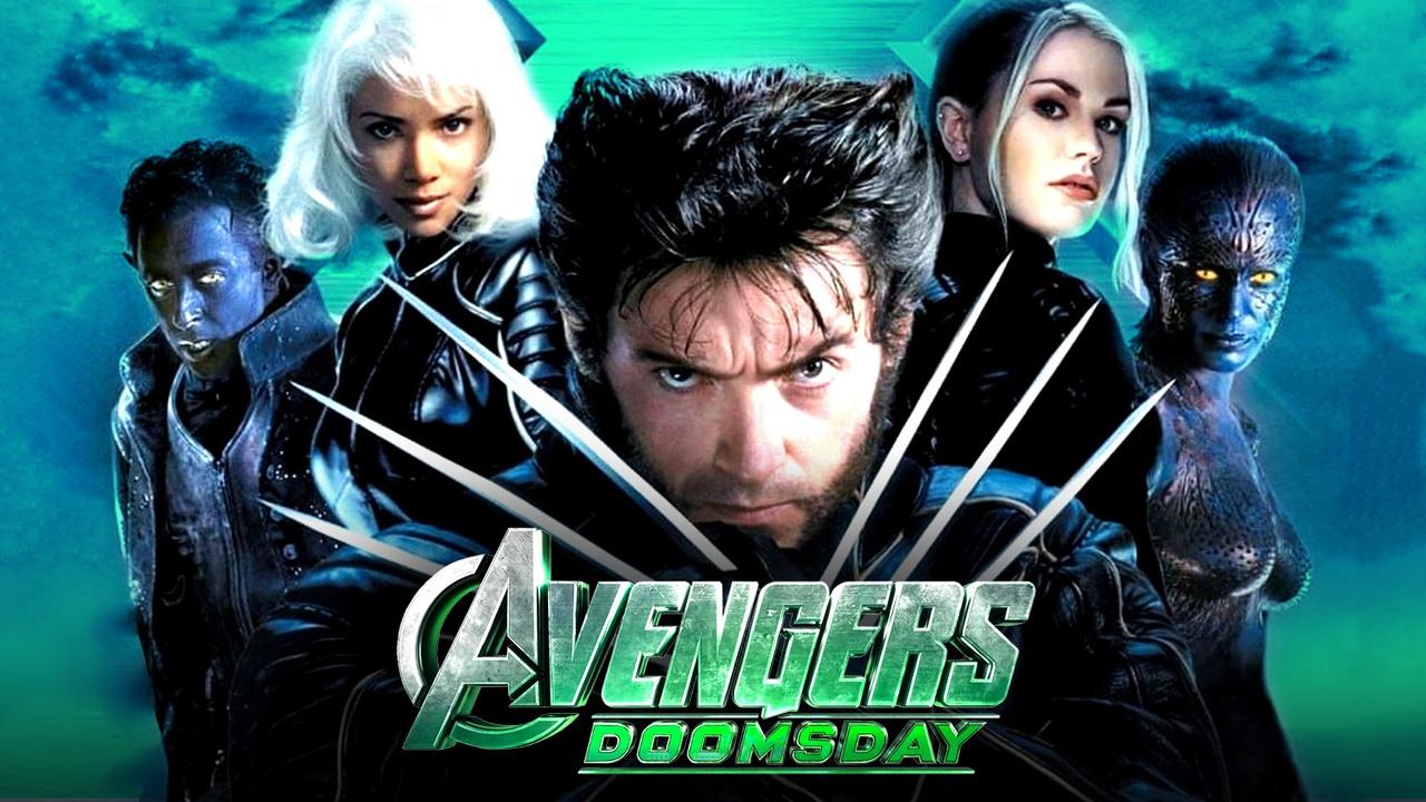 Avengers: Doomsday logo, Nightcrawler, Storm, Wolverine, Rogue, and Mystique.