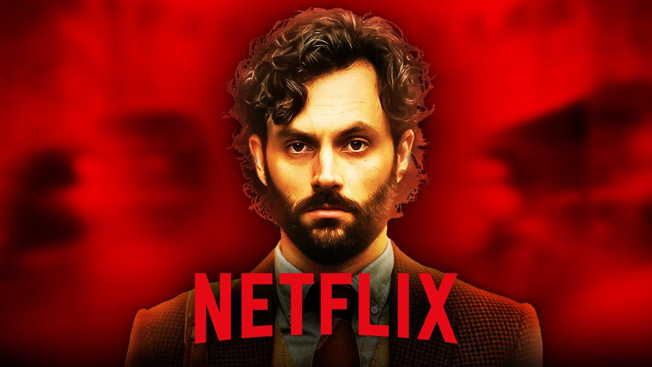 Penn Badgley in You, Netflix logo