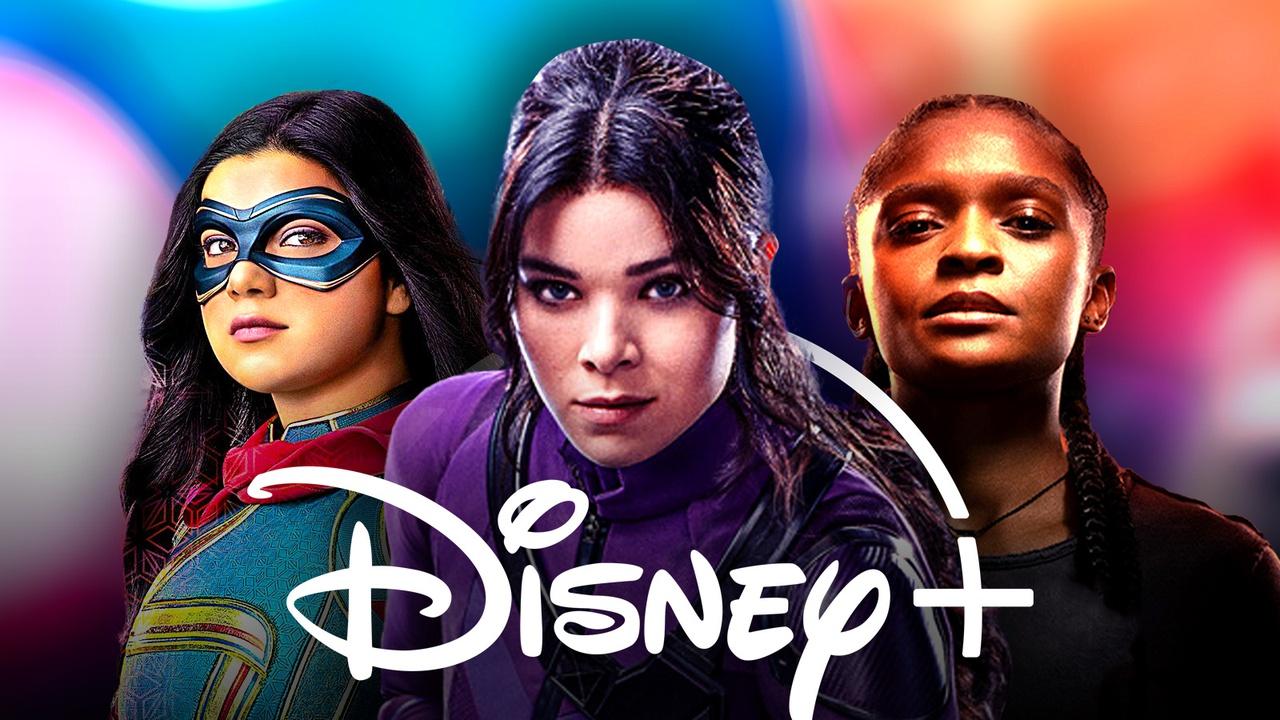 Ms. Marvel, Hailee Steinfeld as Kate Bishop, Dominique Thorne as Riri Williams, Disney+ logo