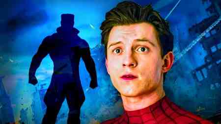 Tom Holland as Peter Parker aka Spider-Man, silhouette of Marvel villain Tombstone