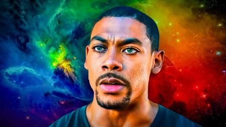 Green Lantern Aaron Pierre in space with colored stars