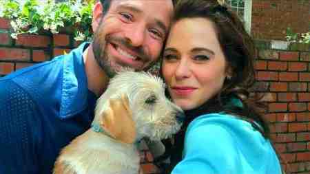 Merv movie dog with Charlie Cox and Zoey Deschanel