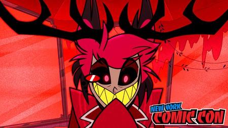 Alastor smiling in Hazbin Hotel; New York Comic-Con logo.