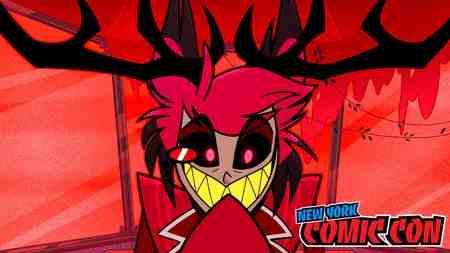 Alastor smiling in Hazbin Hotel; New York Comic-Con logo.