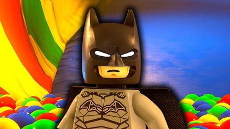 LEGO Batman in LEGO Batman: Legacy of the Dark Knight with ball pit behind him.