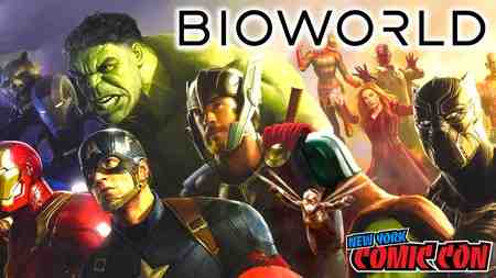 Bioworld logo; Marvel Studios character concept art; New York Comic-Con logo.