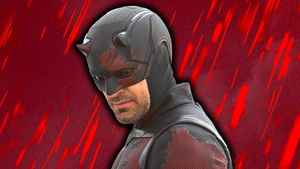 Daredevil in Born Again Season 2 against a backdrop of red rain.