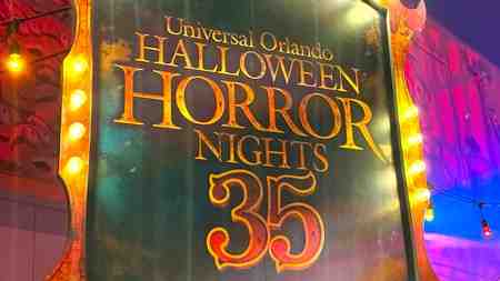 Universal Orlando Halloween Horror Nights 35 sign with lights.