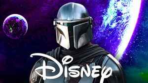 The Mandalorian with space background and Disney+ logo.