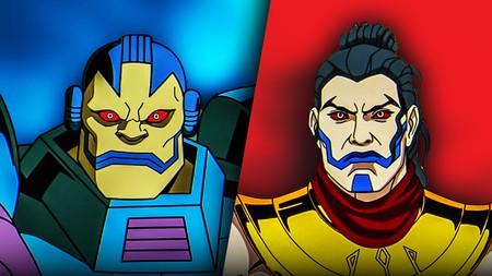 Apocalypse and En Sabah Nur in front of colorful backgrounds.