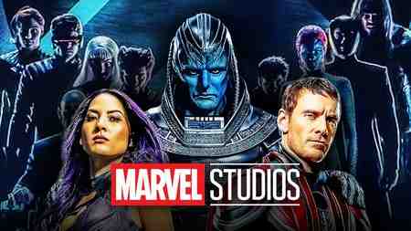 Apocalypse, Magneto, and Psylocke behind the Marvel Studios logo.