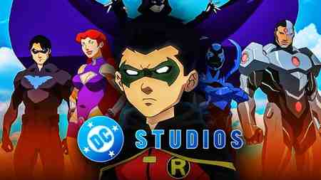 The Teen Titans behind the DC Studios logo.