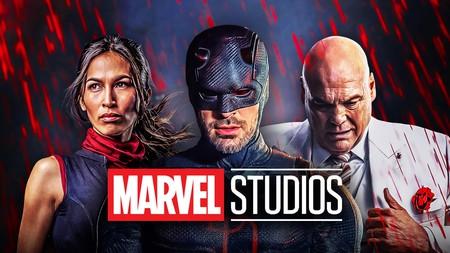 Daredevil, Elektra, and Kingpin behind the Marvel Studios logo.