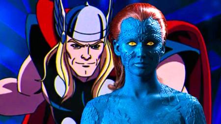 Animated Thor and live-action Mystique next to each other.