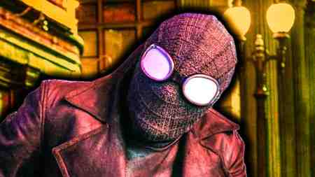 Live-action Spider-Noir looking at a villain.