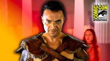 Spartacus: House of Ashur actor against orange-tinged background; San Diego Comic-Con logo in corner