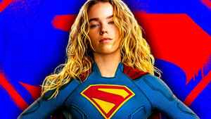 Milly Alcock's Supergirl in front of Supergirl logo.