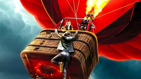 Turbulence movie poster with someone hanging off the side of a hot air balloon.